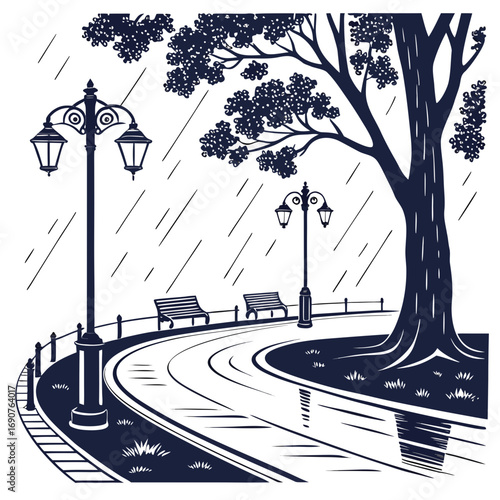 Vector art of a tranquil park view featuring a curved path, elegant lampposts, and comfortable benches beneath a large tree, all depicted in a rainy ambiance