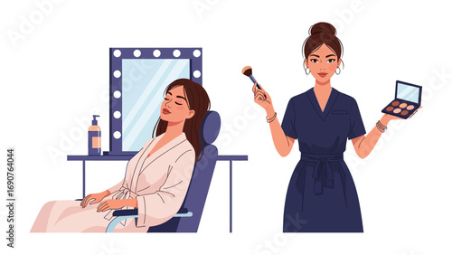 Professional makeup artist applying cosmetics to a seated woman in a beauty salon with a lighted vanity mirror