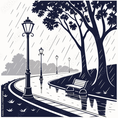 Vector art of a rainy park scene showcasing a winding path, classic streetlights, and a solitary bench under a large tree, creating a peaceful yet melancholic atmosphere