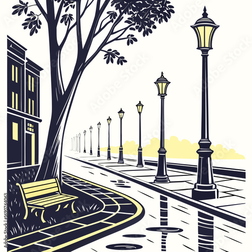 Vector art of a rainy day in the city with benches and streetlights a serene scene of a city on a rainy day, featuring benches, streetlights, and a tranquil atmosphere