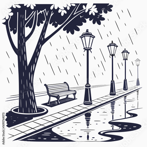 Vector art of a rainy day in the park with benches and streetlights a serene scene of a park on a rainy day, featuring benches, streetlights, and a tranquil atmosphere