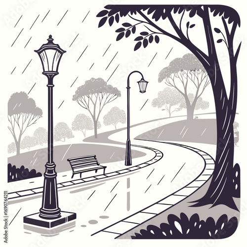 Vector art of a peaceful vector illustration depicts a rainy park scene with winding paths, vintage lampposts, and a bench under trees, , creating a serene atmosphere