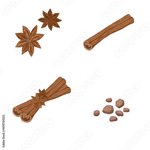 Cinnamon and star anise spices with hand drawn texture. Christmas and New Year vector elements. Perfect for greeting cards, invitations, packaging, and food-related designs