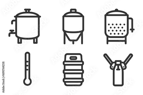 A series of industrial equipment and tools, including a thermometer, a beer keg, and a bottle. vector