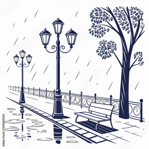 Vector art of rainy day in the park with vintage streetlights and a bench, the design captures a nostalgic atmosphere with a winding path and classic lamp posts