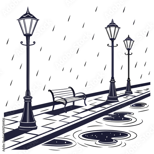 Vector art of rainy day street illustration, featuring streetlights, a bench, and puddles, creating a calming and atmospheric scene with a touch of urban realism