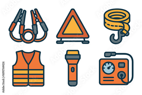 A set of icons for roadside assistance and safety equipment. The icons include a red triangle, a red vest, a flashlight, a tire gauge. vector
