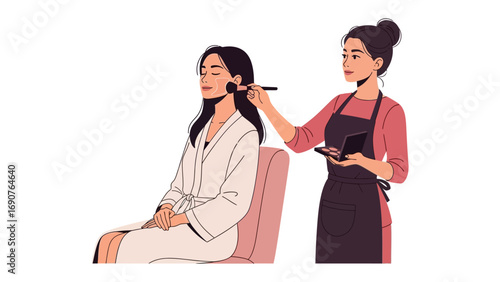 Professional makeup artist applying blush to a young woman s face in a beauty salon or studio setting