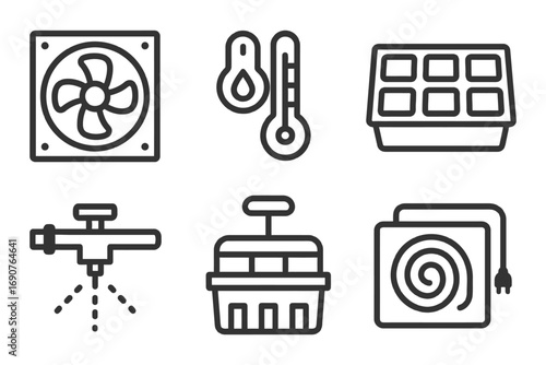 A series of icons for appliances and tools, including a fan, a thermostat, and an icebox. vector