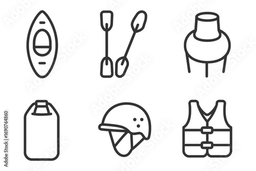 A set of icons for water sports and safety gear. The icons include a kayak, paddle, helmet, life vest, and a hat. Scene is adventurous and fun. vector