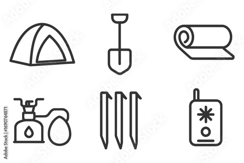 A series of icons for camping gear and supplies. The icons include a tent, a shovel, a bicycle, a cell phone, a cooler. vector