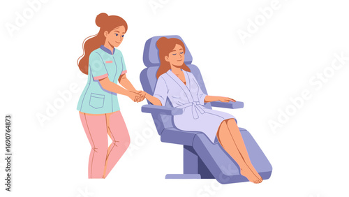 Caring healthcare professional assists a smiling patient seated in a comfortable medical examination chair in a clinic setting