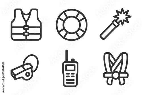 A set of icons for safety equipment and devices. The icons include a life jacket, a life preserver, a life ring, a life vest, a life preserver. vector