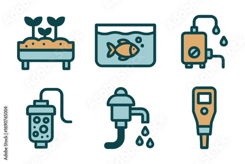 A series of icons for various water-related items, including a fish tank, a water meter, and a hose. vector