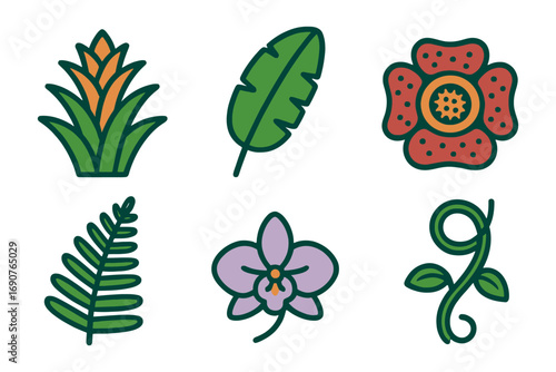 A set of six different types of flowers and leaves. The flowers are purple, green, and orange. The flowers and leaves are drawn in a stylized. vector