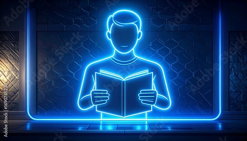 Neon silhouette of person reading a book