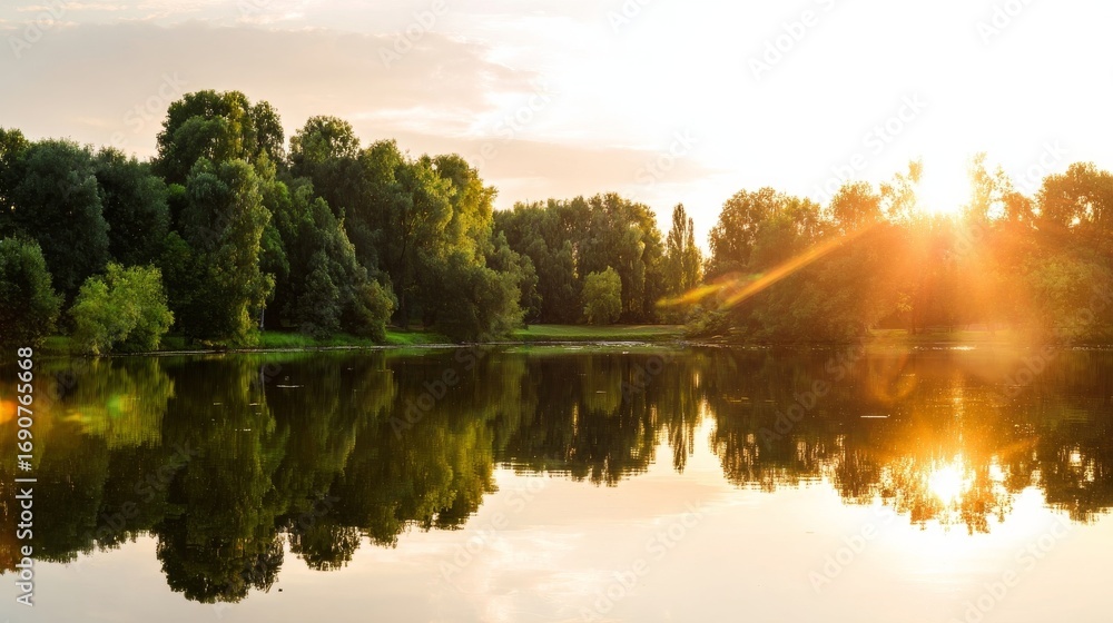 Fototapeta premium Serene lakeside scene with warm evening hues, tranquil water reflecting lush trees and grasses,