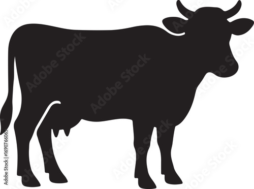 Profile silhouette of farm cow with udder and short horns