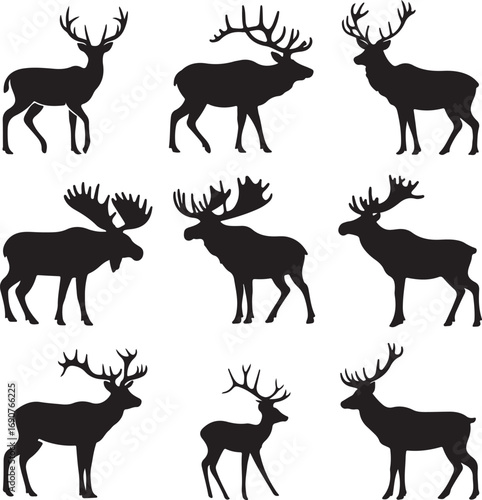 Collection of Black Silhouette Deer and Moose Animals Keywords: deer, moose, elk, stag, buck