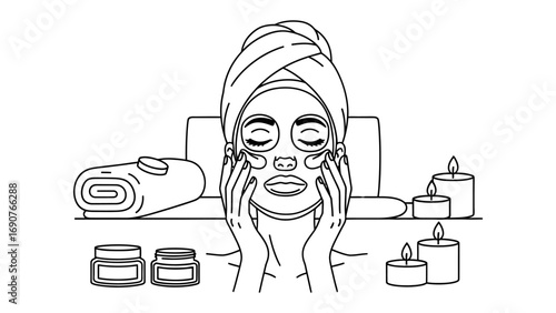Relaxing beauty treatment with facial mask and towel wrapped head surrounded by candles and skincare products