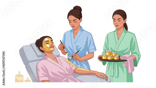 Skilled aesthetician applies a golden facial mask to a relaxed client lying in a spa chair while another assistant holds a tray of beauty products