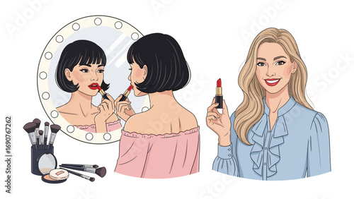 Two stylish women applying makeup in front of a mirror one with dark hair and the other with blonde hair showcasing beauty and self care routines