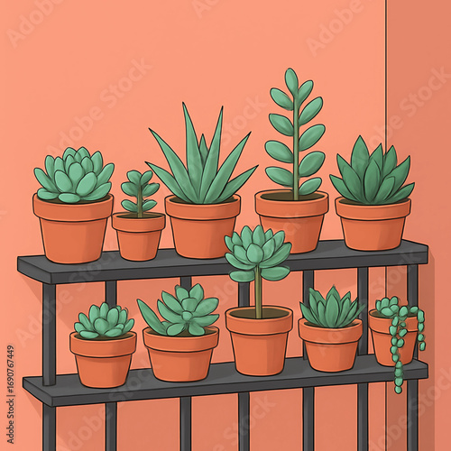 Collection of assorted potted succulents arranged on a tiered shelf against a peachy background