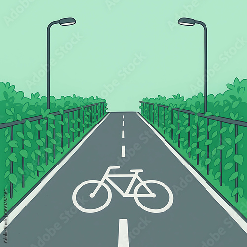 Bicycle path with green foliage and streetlights, a scenic route for cycling and outdoor recreation