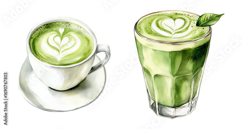 watercolor illustration of different matcha lattes