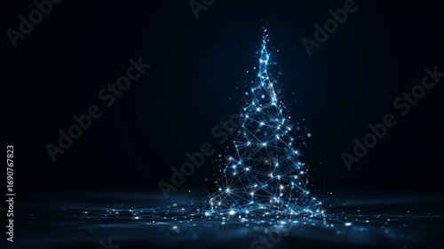 Futuristic Christmas tree glowing with digital connections and network data on a deep dark background.