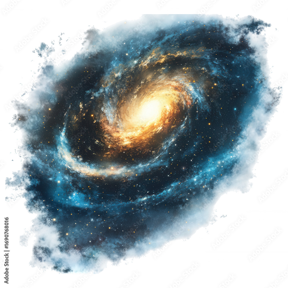 Fototapeta premium Celestial Dance: An ethereal spiral galaxy swirls with cosmic dust and brilliant stars, painted with celestial hues of vibrant blues and golden yellows.