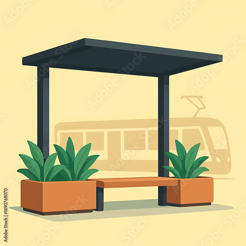 Modern public transportation stop with a bench and planters, featuring a tram silhouette in a flat design vector illustration