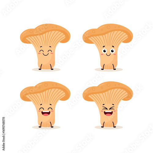 Cute Chanterelle Mushroom Characters Displaying Different Expressions in Cartoon Style Illustration