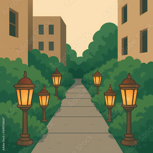 A serene evening pathway with glowing lampposts, leading through lush hedges and buildings, creating a peaceful and inviting urban scene