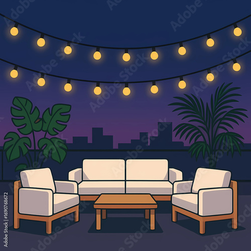 Serene city escape concept with an illustrated rooftop patio featuring cozy seating and warm string lights against a night skyline