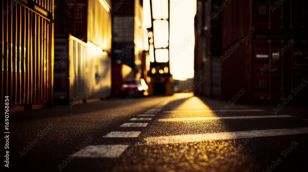Fototapeta premium A bustling container terminal with intersecting roads, sun rays casting bright shadows,