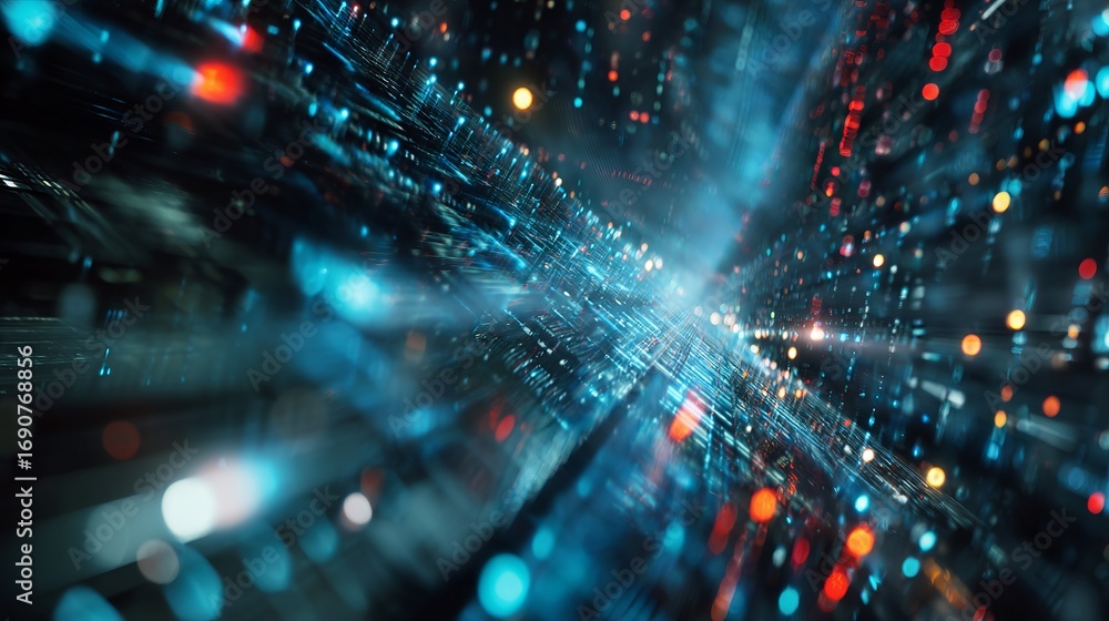 Naklejka premium Futuristic data stream with abstract technology, showing a complex connection and digital information highway across vast networks.