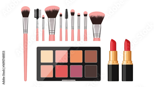 A collection of essential makeup tools including a professional set of pink handled brushes a vibrant eyeshadow palette and two red lipsticks on a white background