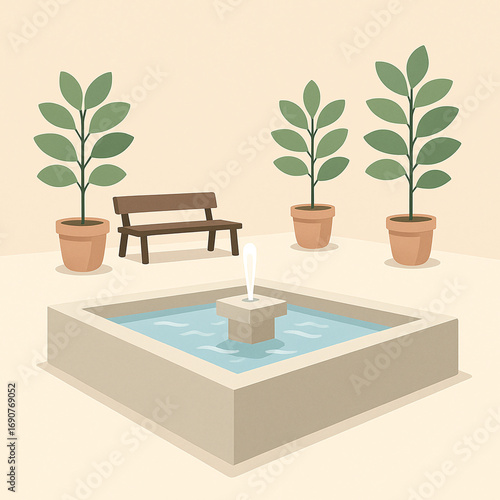 Minimalist illustration of a serene public park or garden courtyard featuring a bubbling water fountain, a wooden bench, and green potted plants