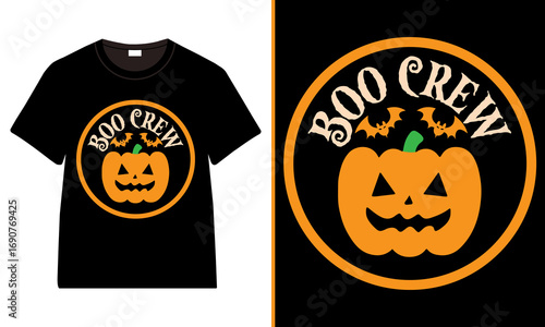 Boo Crew Pumpkin Badge Halloween T‑Shirt, Retro Jack‑O’-Lantern and Bats