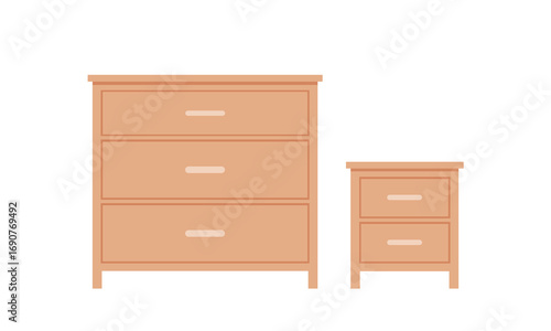 Minimal wooden furniture illustration showing a chest of drawers and bedside table. Simple flat design style suitable for interior, home decor, furniture catalog, and modern lifestyle themes.