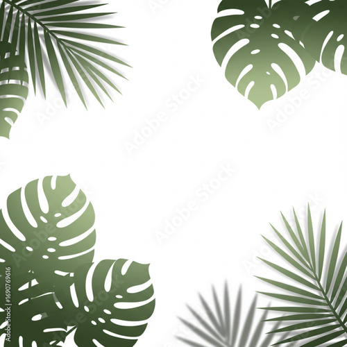 "Vector black shadows of tropical leaves with blurred edges on white, ideal for mockups and design overlays."