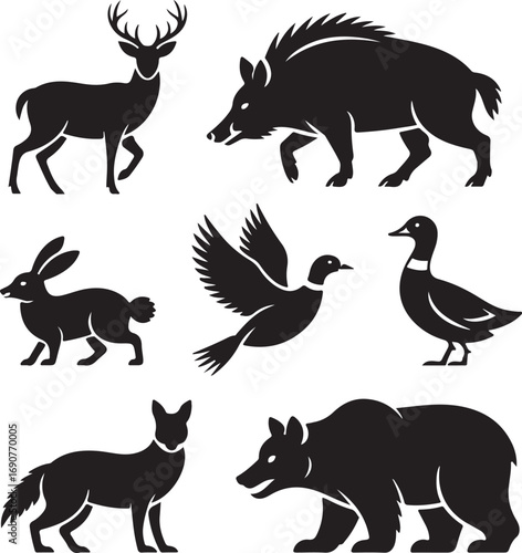Silhouette Collection Of Wild Animals And Birds On White Background Keywords: deer, stag, wild boar