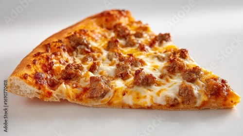 Delicious slice of cheese and meat topped pizza with golden crust