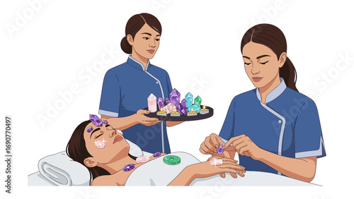 Two female spa therapists performing a facial cupping massage treatment on a relaxed woman lying down with eyes closed