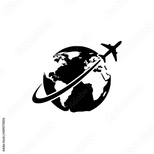 Stylized black silhouette of a globe with a curving airplane trail around it isolated on transparent background