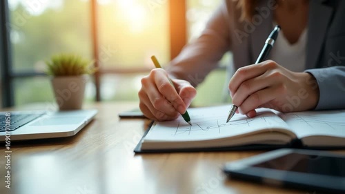 Wallpaper Mural businesswoman sketching goals on notebook with laptop and smartphone by sunny office window depicting morning planning productivity in high?resolution photograph in  Photo Stock  Concept  and empty sp Torontodigital.ca