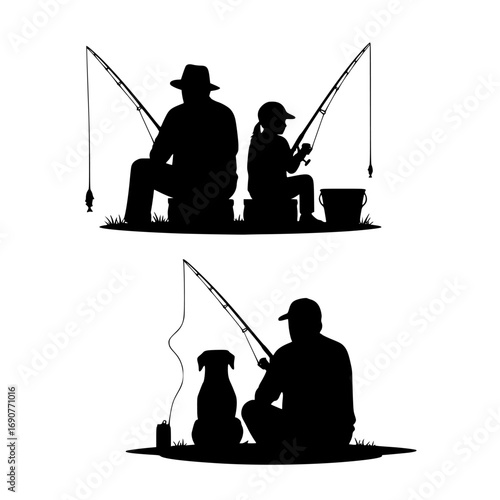 Father and child fishing together with a dog in a silhouette style isolated on transparent background