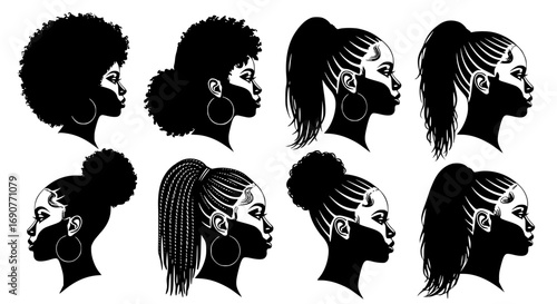 Collection of diverse black woman hairstyles in profile view silhouette artistic illustration isolated on transparent background