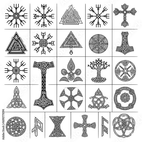 Collection of intricate norse viking symbols and runes presented as a detailed silhouette art compilation isolated on transparent background